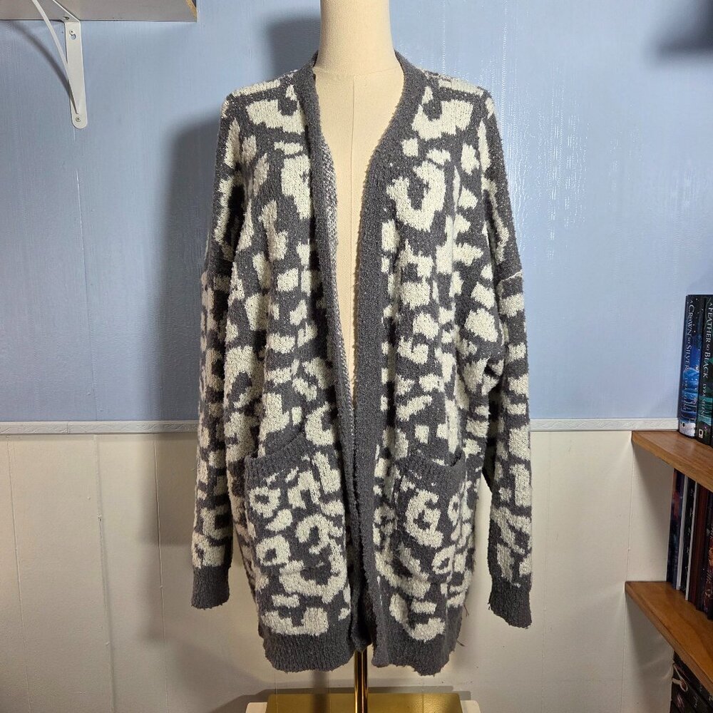 Dreamers by Debut 3XL White Light Gray Animal Print Open Longsleeve Cardigan